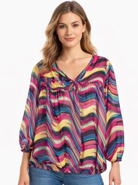 New Directions Colorful Boho Blouse L Sheer 3/4 Sleeve Top